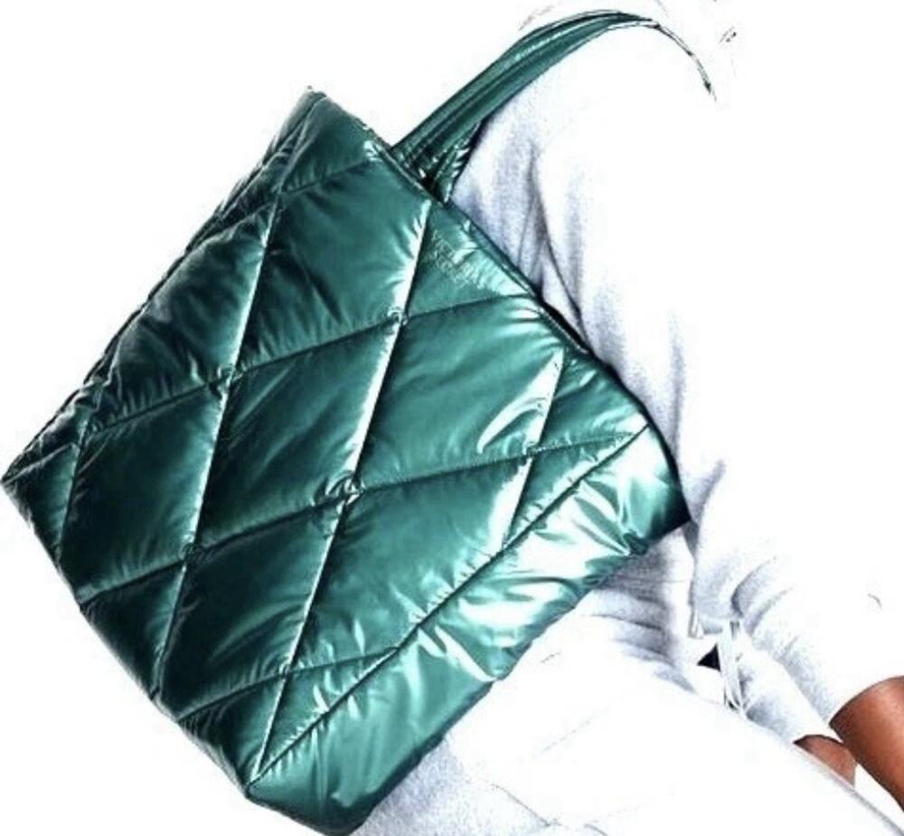 Victoria's Secret Puffer Puff Tote Bag Large Quilted Green Teal Metallic